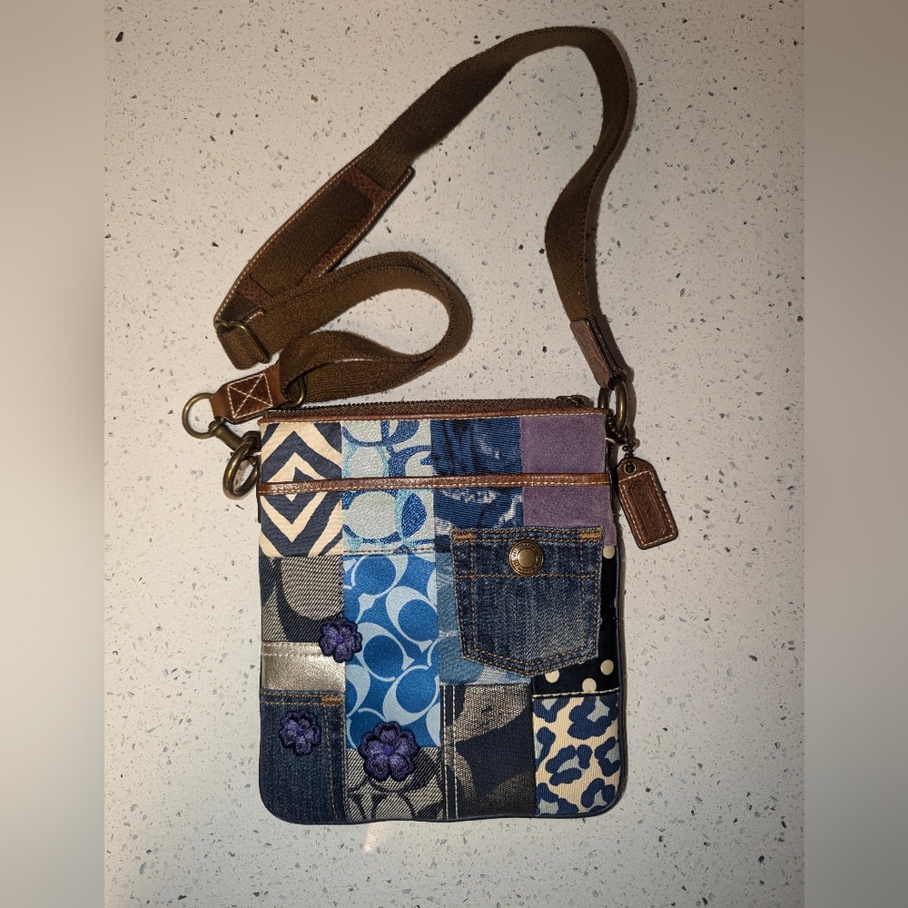 Coach 10818 Denim Patchwork Crossbody Swingpack Blue Gold Leopard